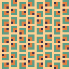 Pattern created from teal green, tan and dark purple squares on a cream background