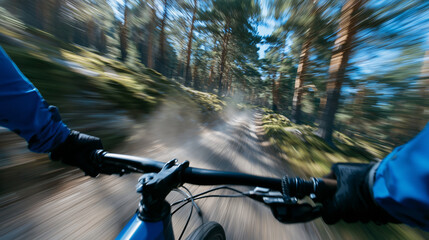 Side angle of a cyclist leaning forward in aerodynamic posture, black gloves and black handlebars visible, tearing down a tree-lined dirt road, dust trailing behind the front wheel