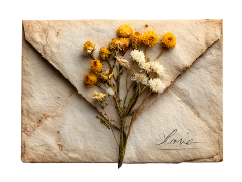 love letter on kraft paper folded envelop with dried pastel flowers, romantic detail for Valentines Day. isolated on transparent background with clipping path.