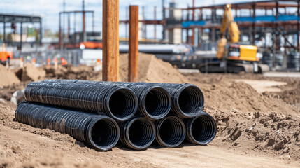 Black plastic drainage pipe with smooth surface coils on sand, supported by a rustic brown pole, industrial construction equipment and steel framework visible behind