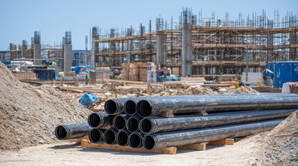 Black plastic pipe laid out alongside brown wooden poles on coarse sand, surrounded by steel scaffolding and partially built concrete structures, highlighting heavy-duty industrial