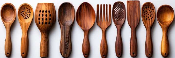 Wooden Kitchen Utensils Arranged in a Row