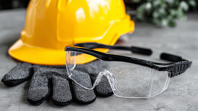 Close-up of bright yellow hard hat and sleek black safety goggles resting side by side on a smooth gray table, rugged work gloves placed nearby, symbolizing essential construction