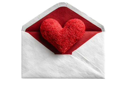 open envelope with red heart popping out, valentine gift symbol, isolated on transparent background with clipping path, for Valentine's Day, Mother's Day, birthday card.