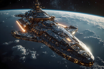 Majestic Spaceship Orbiting Earth