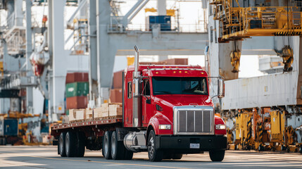 Naklejka premium Red tractor trailer angled toward departure, cargo area open and empty, in front of a giant steel crane at an industrial shipping yard, shadows and light creating stark contrast be