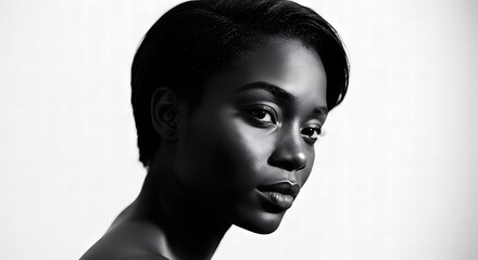 A monochrome portrait of a woman with short hair looking slightly to the side on a white background