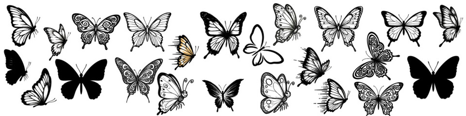 Naklejka premium Black butterfly icon set for elegant design, nature themes, and decorative graphics