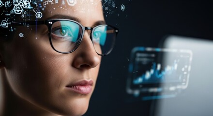 Woman with glasses immersed in digital data, futuristic technology interface