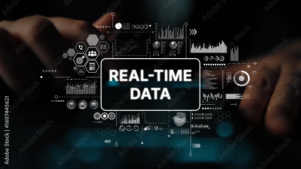 Poster digital interface visualizing real-time data analytics for business and technology insights. asympto
