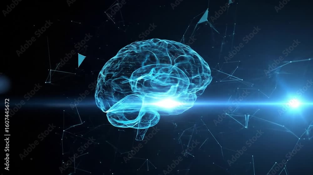 Poster digital blue brain with geometric connections on dark background with glowing light for artificial i