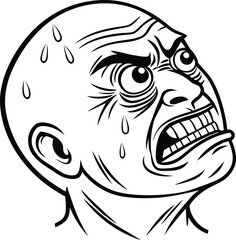 Detailed Black and White Illustration of a Frustrated Man's Face with Sweat Droplets and Angry Expression