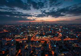 Connected cityscape at twilight showcases modern urban technology network and global data communication innovation