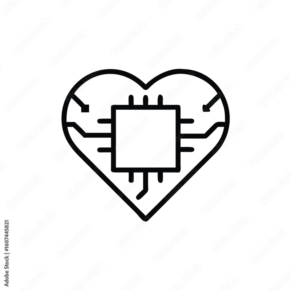 Aufkleber outline heart with integrated circuit board processor chip
