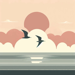 Minimalist Sunset Scene with Birds Flying over Water