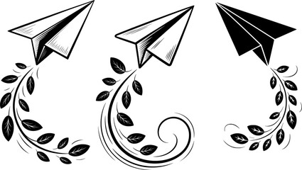Paper airplane with swirling fall leaves and breezy diagonal motion, black and white vector illustration in playful seasonal style


