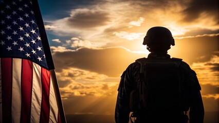 Brave soldier saluting with US flag at sunset honoring fallen heroes