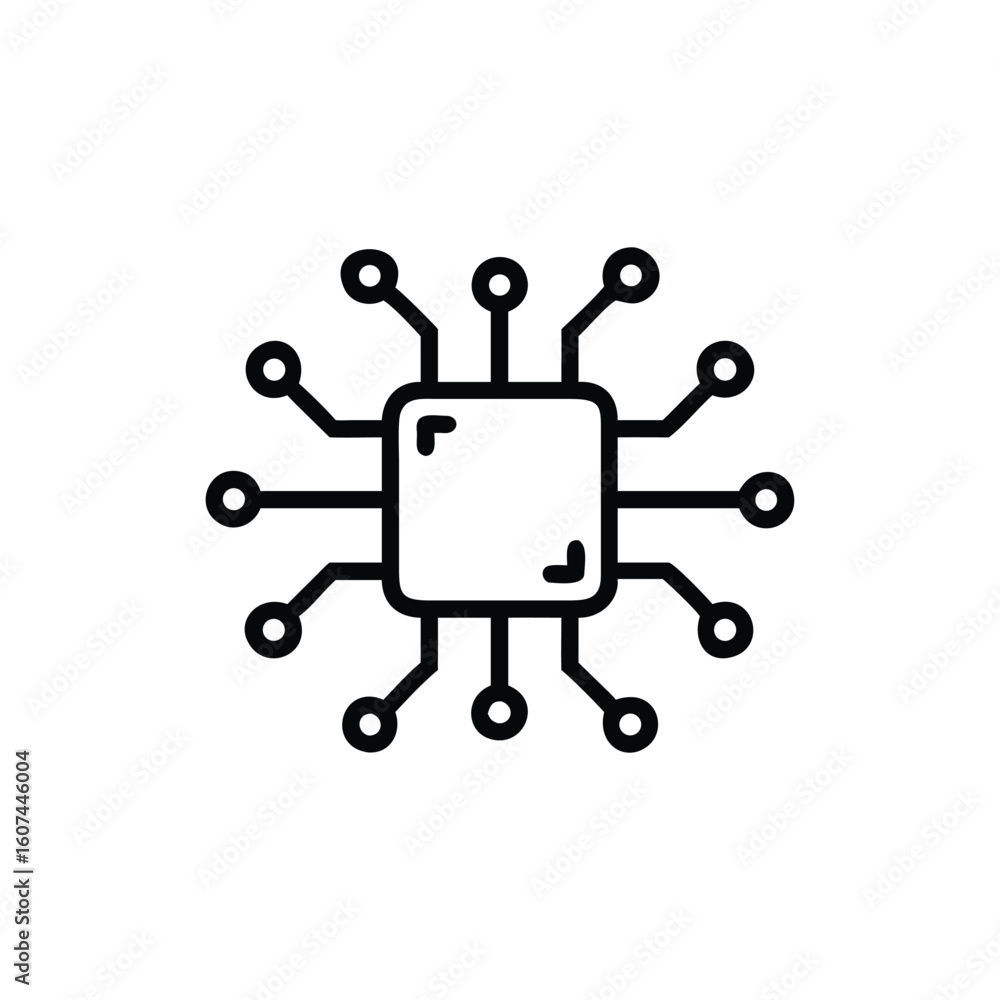 Poster outline icon a central processor with radiating connections technology circuit