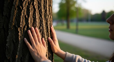 Woman's hands gently touching the textured bark of a sunlit tree in a park
