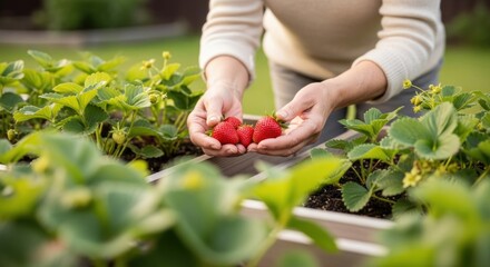 Woman's Hands Holding Freshly Picked Strawberries from a Raised Garden Bed