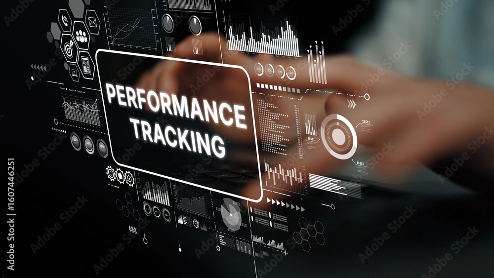 Poster digital performance tracking interface with data metrics and analytics overview. asymptotic smart da