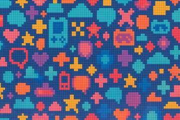 Seamless pixel art pattern with retro 8-bit and 16-bit style, colorful blocks, pixelated icons, nostalgic game elements, low-resolution textures, repetitive layout, high resolution