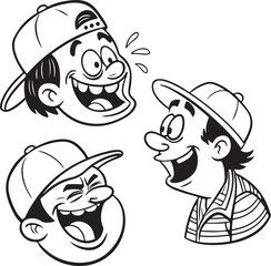 Black and White Cartoon Illustration of Three Smiling Men Wearing Baseball Caps with Positive Facial Expressions