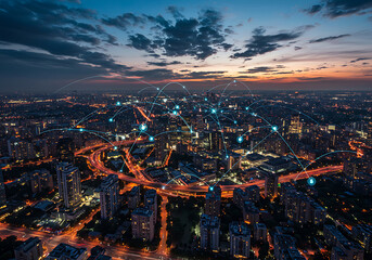 Connected modern cityscape at dusk showcases global network connectivity and futuristic communications