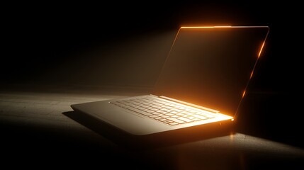 Glowing laptop screen in dark, highlighting edges and faintly lighting surrounding area .