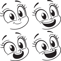 Four Cartoonish Faces Expressing Joy and Happiness Through Their Exaggerated Features and Cheerful Expressions