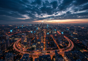 Connected city skyline at dusk showcasing technology network with lights and modern architecture