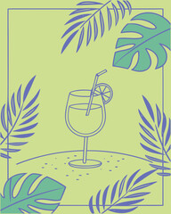 Minimal summer poster set with palm leaves, beach ball, and watermelon illustration. Blue tropical background ideal for seasonal ads. Clean and modern summer vibe for digital use.