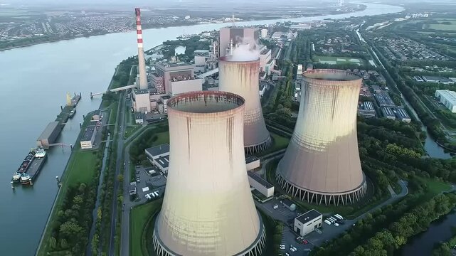 Belgium's Doel Nuclear Plant Aerial: Reactor Containments, Cooling Towers & Scheldt River Industrial Landscape