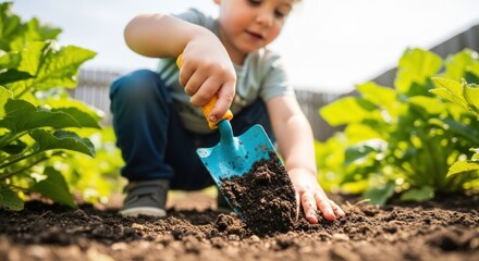Young boy digging in garden with blue shovel, exploring soil and plants