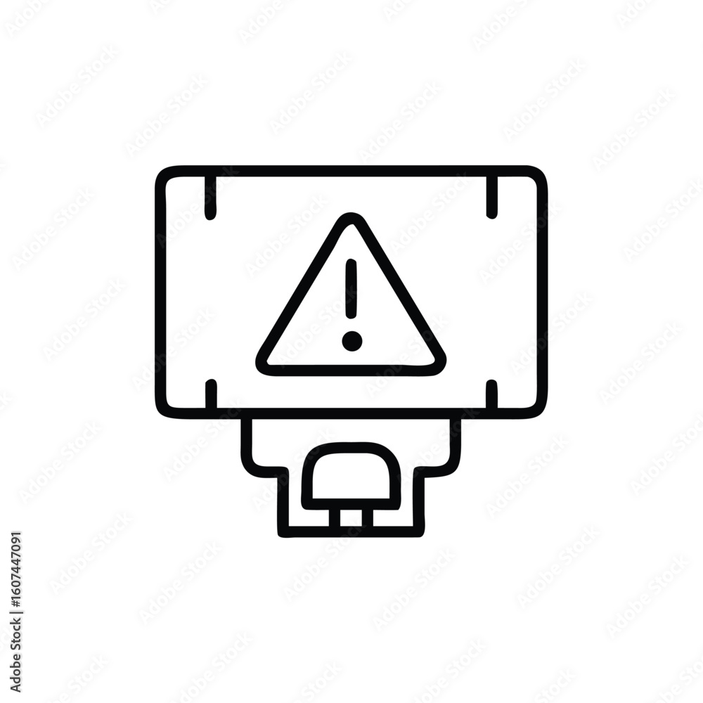 Poster outline icon a warning sign on a screen with a plug symbol alert