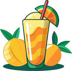 vector illustration of a glass of juice and mango, glass of mango juice