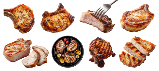 Set of pork chop steak meat, loin cut, sliced, barbecue grilled bake fry, plate, bbq grill, fork, sauce, bone-in boneless isolated on transparent cutout PNG. Mockup template for design	