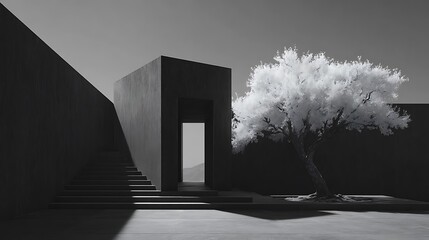 Monochrome Minimalist Scene of a Dark Structure and Blooming Tree .