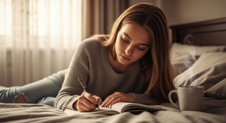 Young woman journaling in bed with steaming coffee, cozy and contemplative scene