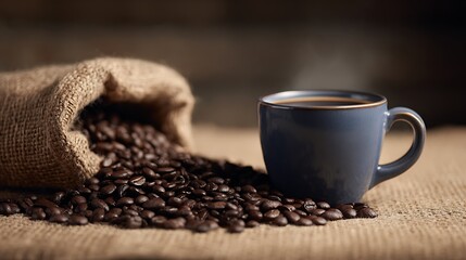 Mug of coffee is sitting on a table with a pile of coffee beans next to it .