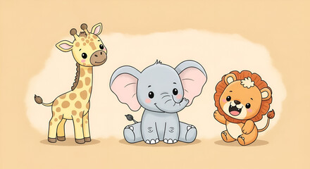 Obraz premium Adorable cartoon giraffe, elephant, and lion cubs smiling cheerfully on a light background.