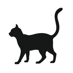 A sleek black cat silhouette is walking gracefully, isolated on white background, showcasing its elegant form in a minimalist design