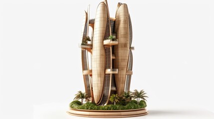 Futuristic organic architecture design with unique skyscraper and greenery