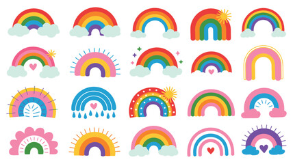 Colorful Cartoon Rainbows Vector – Cute Hand-Drawn Rainbows with Hearts and Cloud Trails, Perfect for Nursery Decor, Children’s Prints, and Playful Graphic Design

