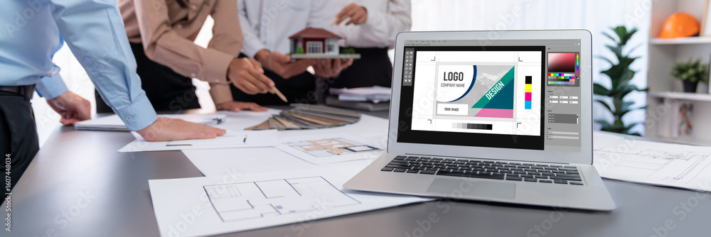 Poster graphic designer software for modern design of web page and commercial brisk ads showing on the comp