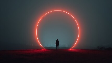 Silhouette of a Person Standing Before a Large Red Circle at Night .