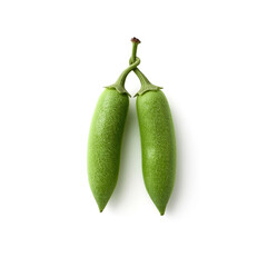 A close-up studio shot showcases two vibrant green pea pods naturally joined by their stem isolated on a stark white surface