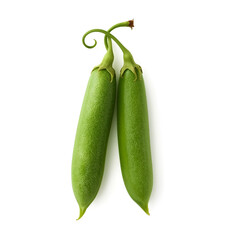 A close-up studio shot features two bright green pea pods each with a delicate curling tendril presented against a stark white backdrop