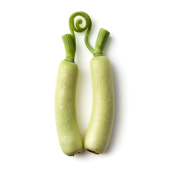 A top-down view of two pale green gourds showcasing their unique curved stems and coiled tendrils against white