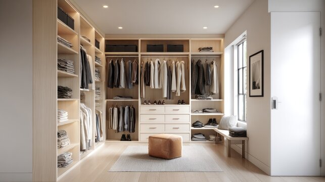 Light-toned walk-in closet with built-in shelving and hanging space